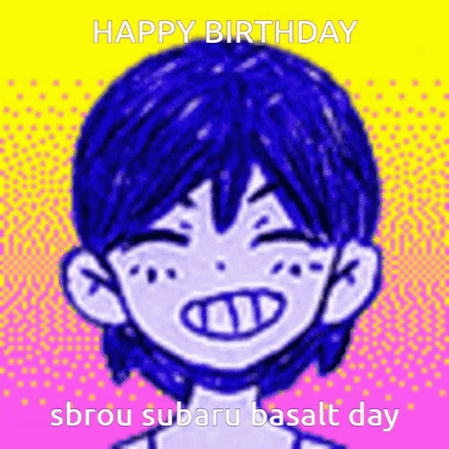 a drawing of a boy with blue hair and the words happy birthday