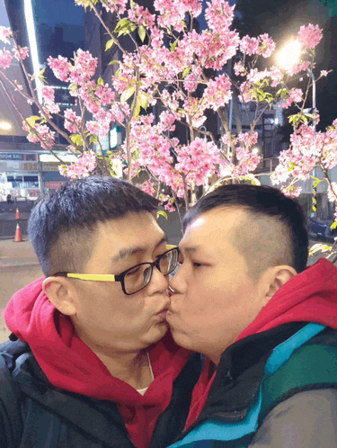 a couple of men kissing in front of a tree with pink flowers