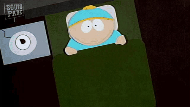 a cartoon character is laying in a hospital bed with a sign that says south park on it .