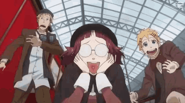 a group of anime characters are standing next to each other and one of them is sticking out her tongue .