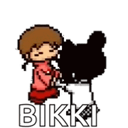 a pixel art of a boy and a girl holding hands with the words bikki written below them .