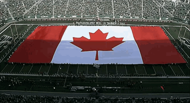 a large canadian flag is displayed on the field