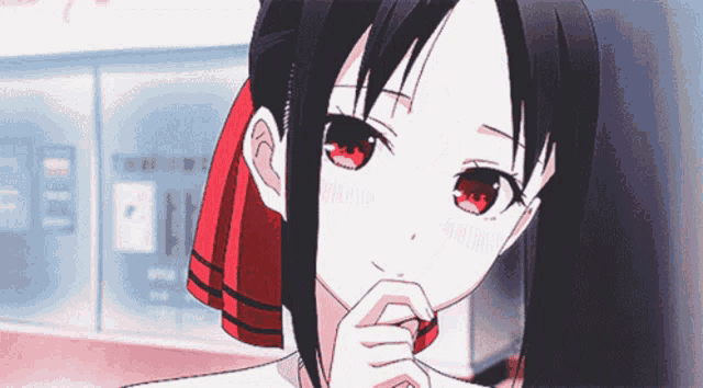 a girl with red eyes and a red ribbon in her hair