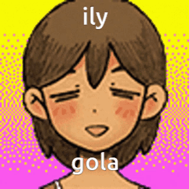 a pixel art drawing of a girl with her eyes closed and the words `` ily gola '' on her head .