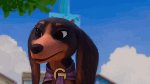a cartoon dachshund wearing a purple harness with a letter g on it