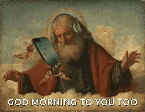 a painting of jesus wearing headphones and holding a tablet with the words god morning to you too below it