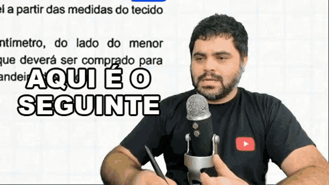 a man sitting in front of a microphone with the words aqui e o seguinte written above him