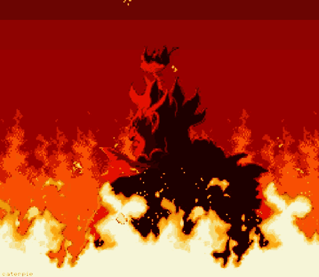 a pixel art of a person surrounded by flames with the name caterpie at the bottom