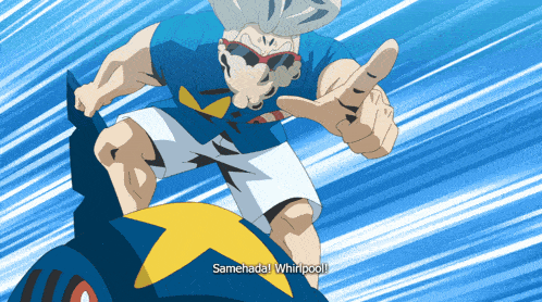 a cartoon character says samehada whirlpool while riding a pokemon
