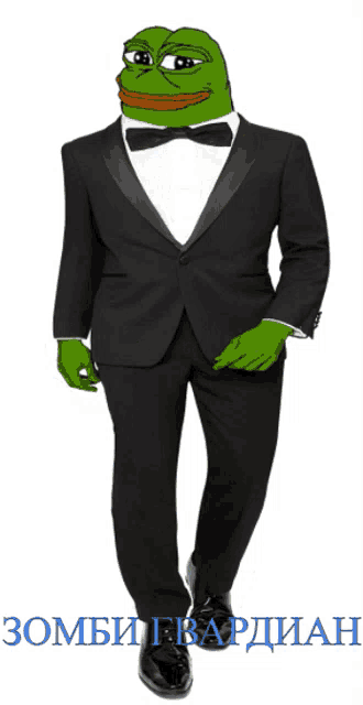 a picture of a frog in a tuxedo with the words zombie guardian written below it