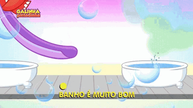 a cartoon of an elephant on a slide with the words banho e muito bom