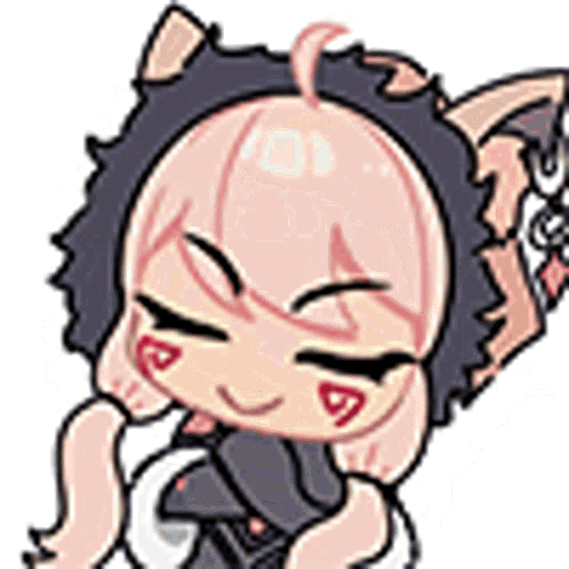 a cartoon girl with pink hair and ears is wearing a cat costume and a scarf .