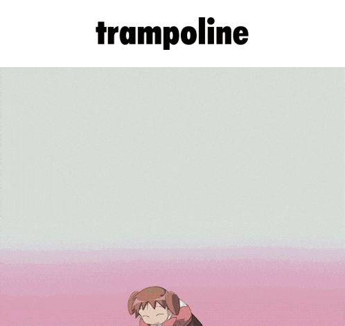 a cartoon of a girl flying through the air with the word trampoline below her