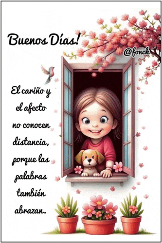 a cartoon of a girl with a dog looking out of a window with the words buenos dias written above her