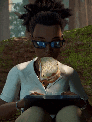a woman with glasses is eating a sandwich while looking at a book