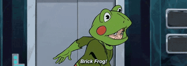 a cartoon character in a frog costume is saying brick frog