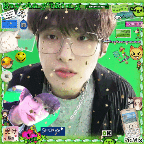 a picture of a boy with glasses is surrounded by other pictures