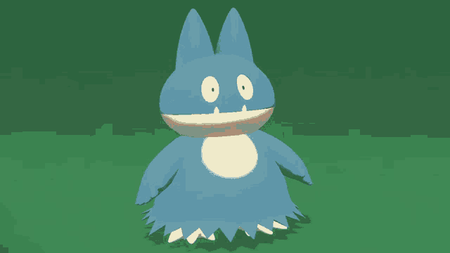 a blue and yellow cartoon character is laying on a green background