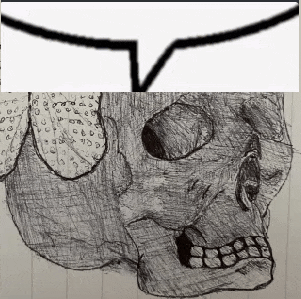 a drawing of a skull with a speech bubble behind it