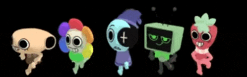 a group of cartoon characters are standing next to each other in a row on a black background .