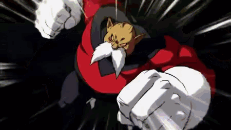 a cartoon character with a red shirt and white gloves is holding a fist in his hand .
