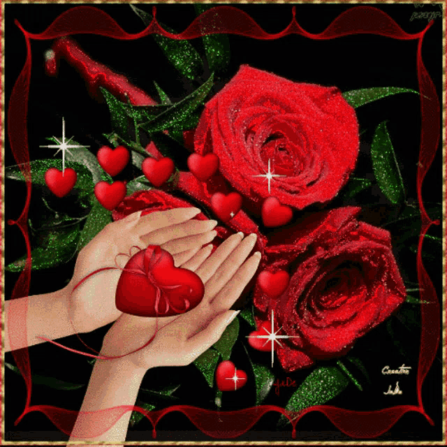 a picture of a woman holding a red heart in front of a bouquet of red roses