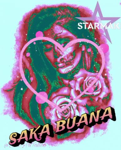 a drawing of a woman with roses and the words saka buena