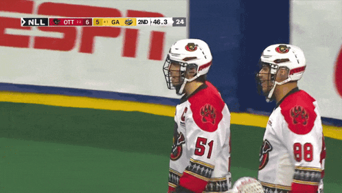 two hockey players wearing number 51 and 88 are standing next to each other on the ice