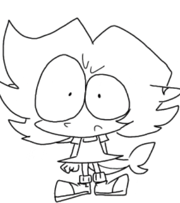 a black and white drawing of a cartoon character with big eyes .