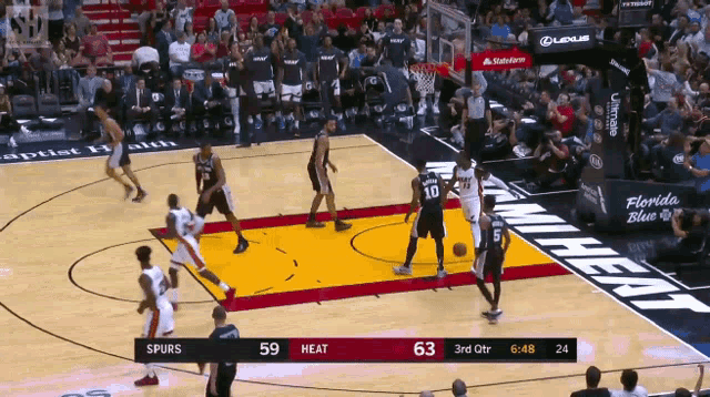 a basketball game between the heat and the spurs is going on