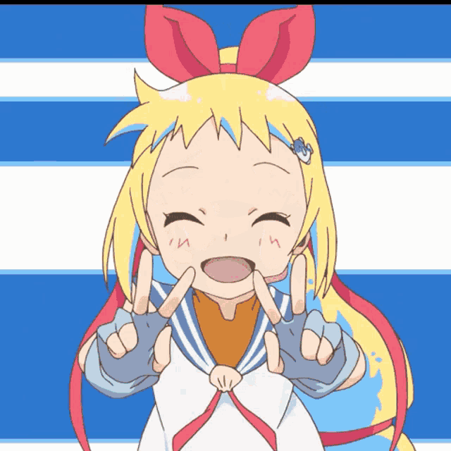 a cartoon girl with blonde hair and a red bow on her head giving a peace sign