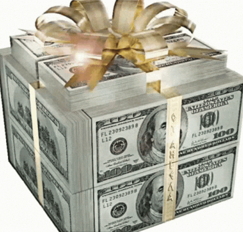 a stack of hundred dollar bills with a gold bow