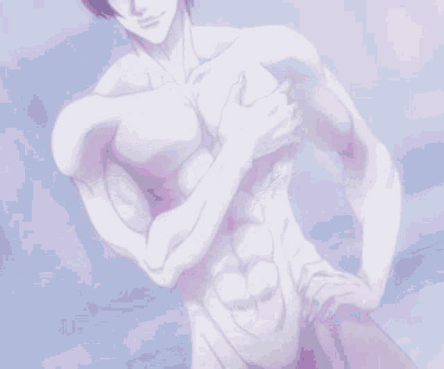 a shirtless anime character with pink hair and muscles is standing on a bed .