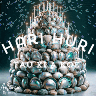 a birthday cake made of seashells and candles that says hari huri