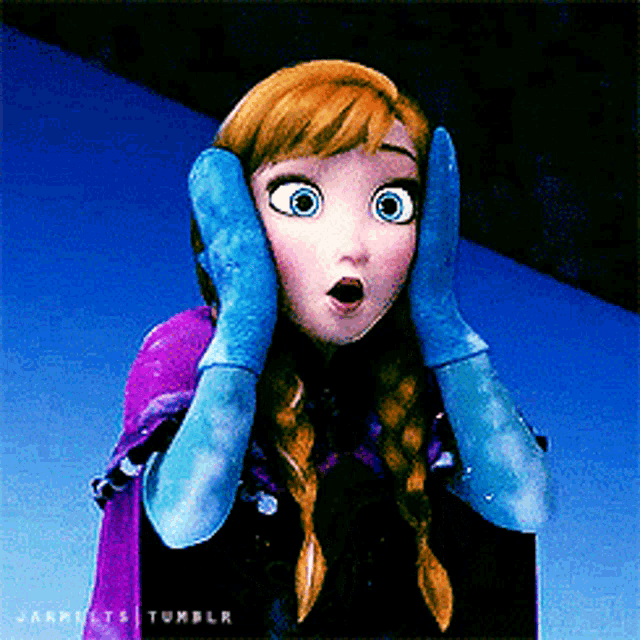 a surprised anna from the movie frozen is holding her hands to her face