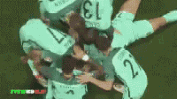 a group of soccer players are huddled together with the number 13 on their jerseys