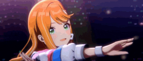 a cartoon girl with orange hair and green eyes is dancing on a stage .