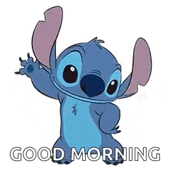 stitch from lilo and stitch is waving his hand and saying good morning .