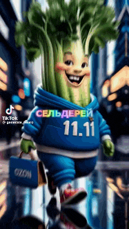 a cartoon character of celery is wearing a blue hoodie with the number 11:11 on it