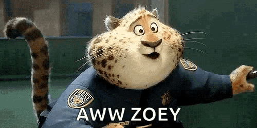 a cartoon cheetah is wearing a police uniform and holding a baton and says aww zoey