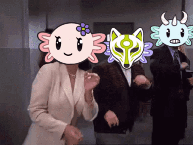 a group of people with cartoon characters on their faces including an axolotl
