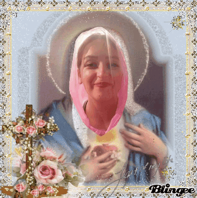 a picture of a woman with a pink head scarf and a cross with the word blingee on the bottom
