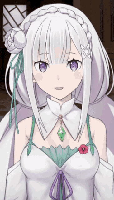 a white haired anime girl with purple eyes