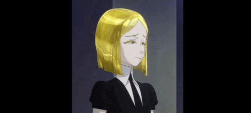a girl with yellow hair is wearing a black dress and a black tie .