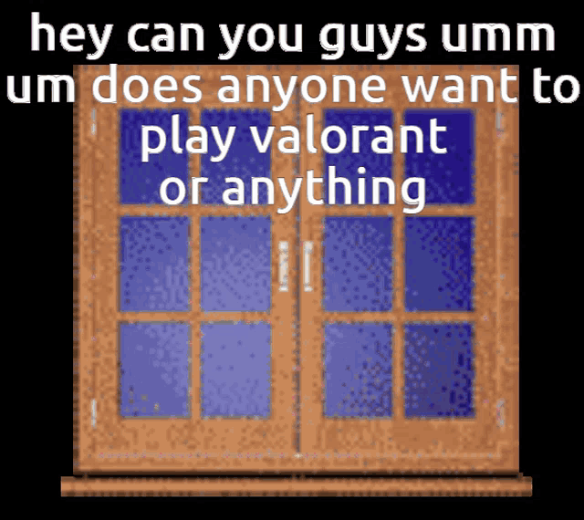 a picture of a window with the words hey can you guys umm um does anyone want to play valorant or anything on it