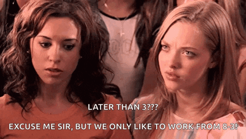 two women are sitting next to each other and one of them says later than 3