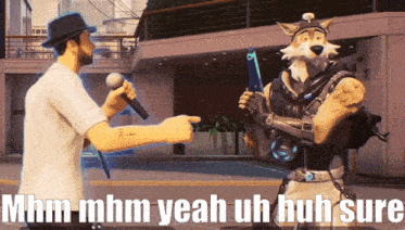 a man is holding a microphone and pointing at a cartoon character with the words mhm mhm yeah uh huh sure