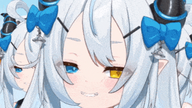 a close up of a girl with white hair and blue bows