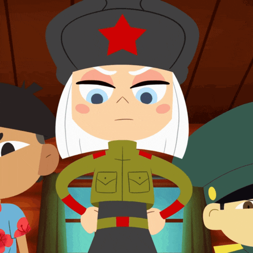 a cartoon character has a red star on her hat
