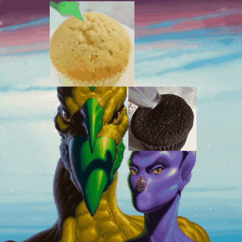 a collage of images including a cupcake a dragon and a purple woman